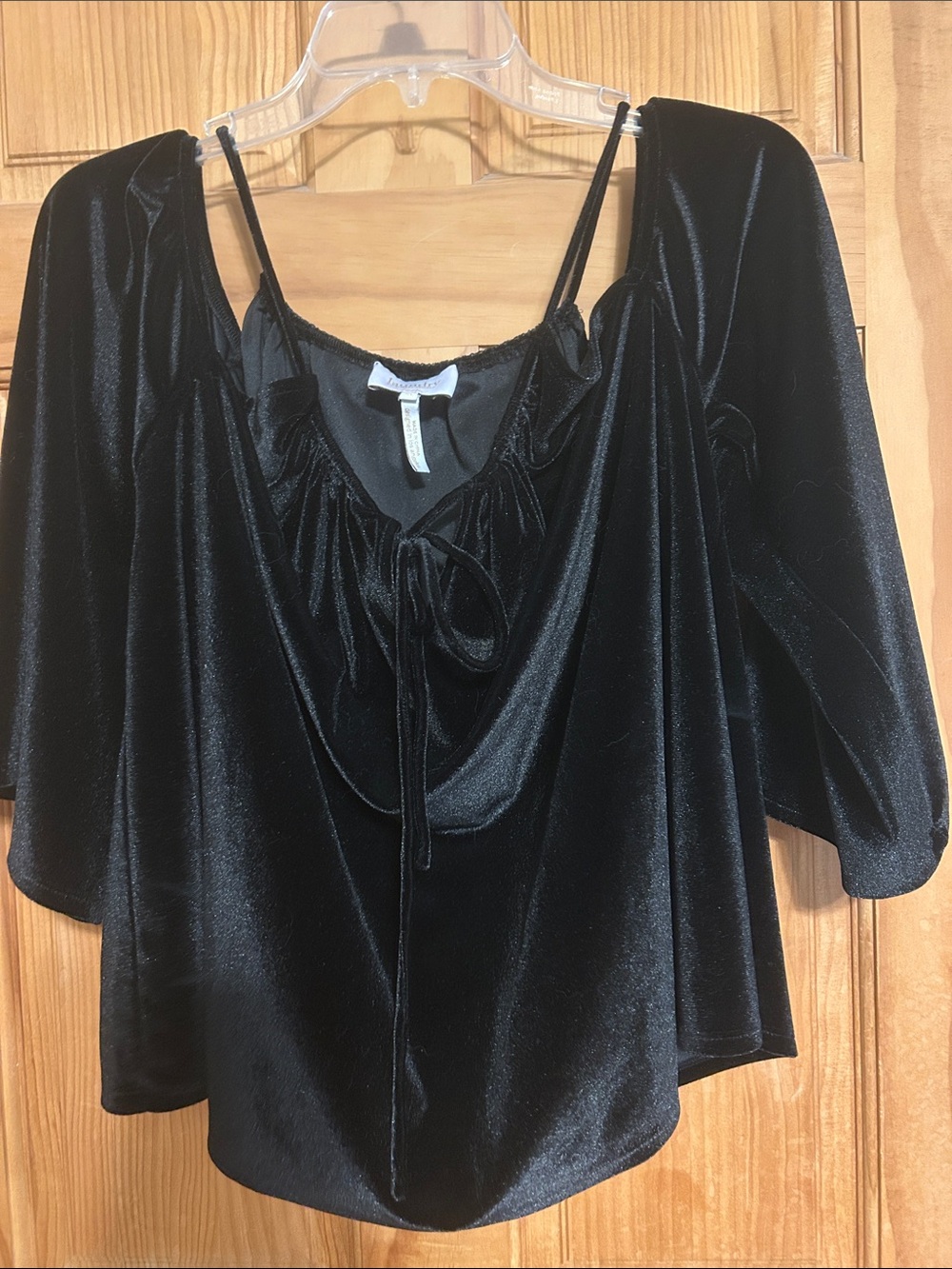 Black Velvet Tie-Neck Cold Shoulder Top With 3/4 Flowy Bell Sleeves Size XL